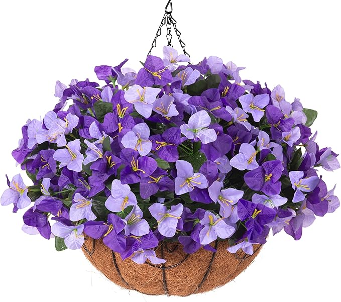 Artificial Hanging Flowers Plant with Basket for Outdoors, Silk Bougainvillea in Planters Faux Hanging Plants for Outdoor Look Real UV Resistant Flower for Outside Porch Patio Garden Home Decor, Mix