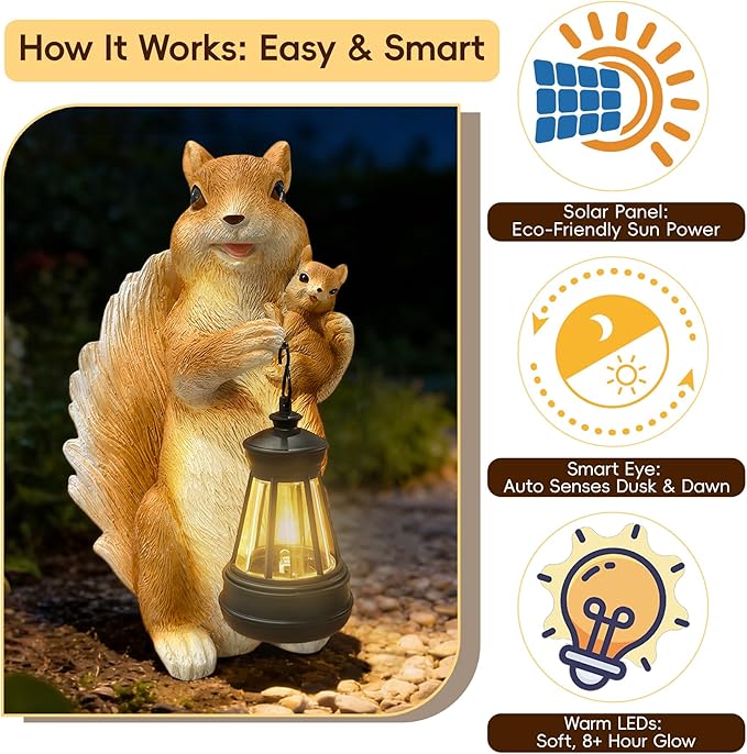 Solar Garden Statues, Cute Smiling Animal Outdoor Decor with 8 Bright LED Lights for Patio Yard Balcony Perfect Mother‘s Day Birthday Housewarming Garden Gift (Orange White Squirrel)