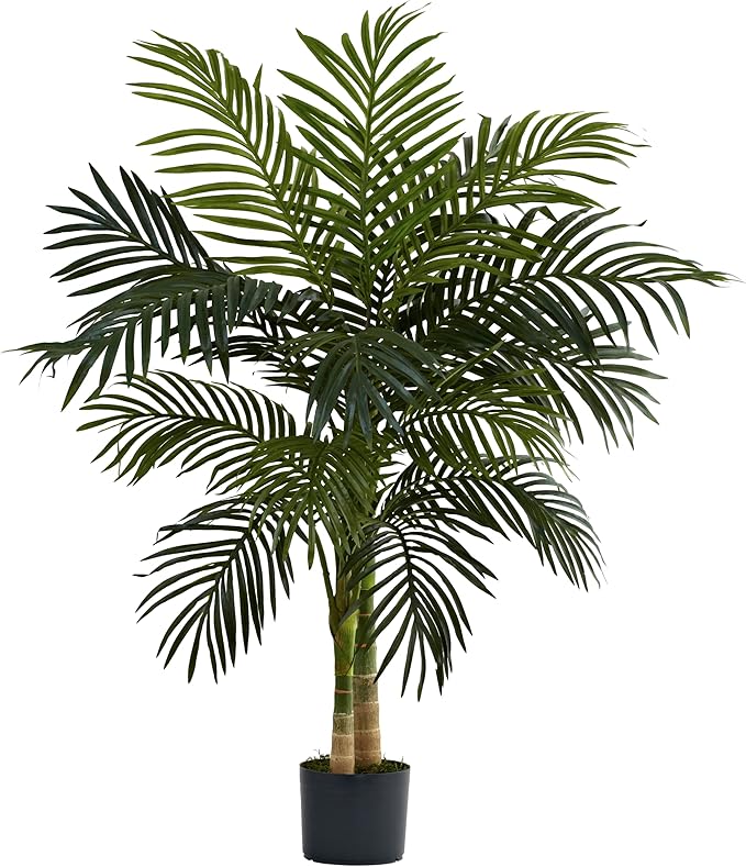 Nearly Natural 4-FT Artificial Golden Cane Palm Tree, Set of 2 Fake Palm Trees with Two Realistic Trunks and 10 Lifelike Palm Fronds, Faux Palm Plants for Indoor Home Décor with Black Nursery Planter