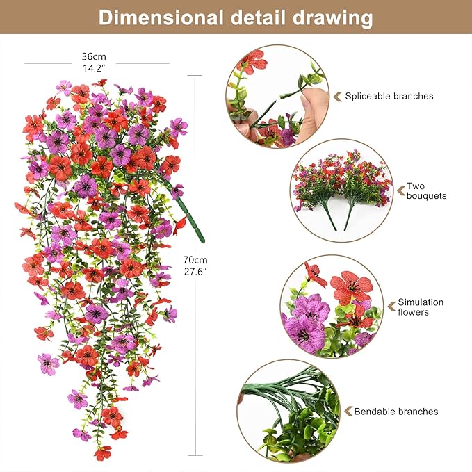 Artificial Hanging Flowers Plants for Outdoor Spring Summer Decoration,2PCS Faux Silk Daisy UV Resistant Look Real for Outside Home Indoor Planter Porch Window Yard Decor(Red Purple)