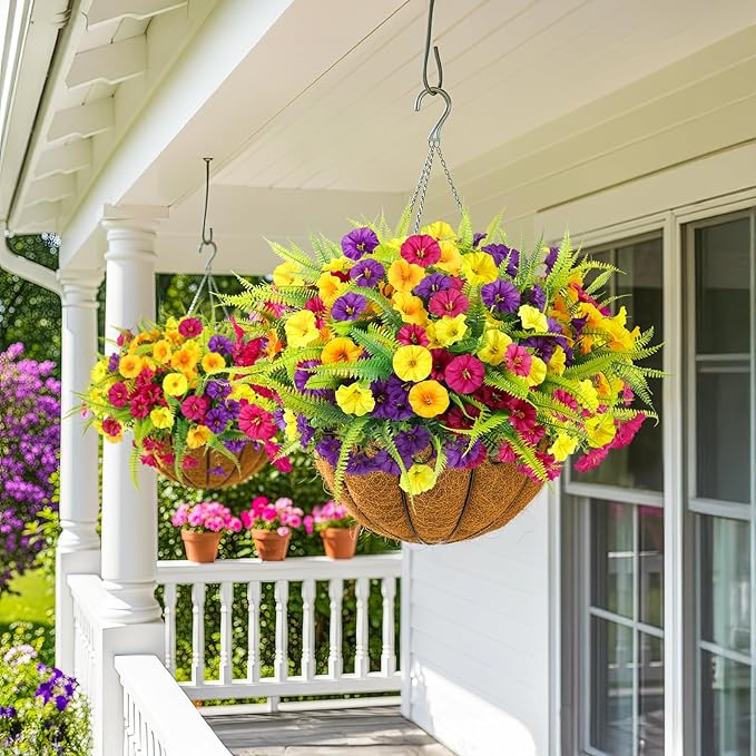 Artificial Flowers for Outdoors 12 Bundles Artificial Petunias Fake Flowers UV Resistant Shrubs Plants with Fern for Indoor Outside Hanging Planters Home Garden Spring Summer Decorations