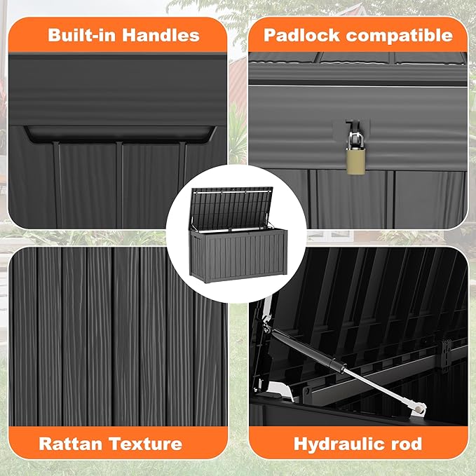 PatioZen 150 Gallon Resin Deck Box, Lockable Patio Outdoor Storage Box for Furniture, Garden Tools and Tools Storage, Waterproof Outside Storage Boxes - Black