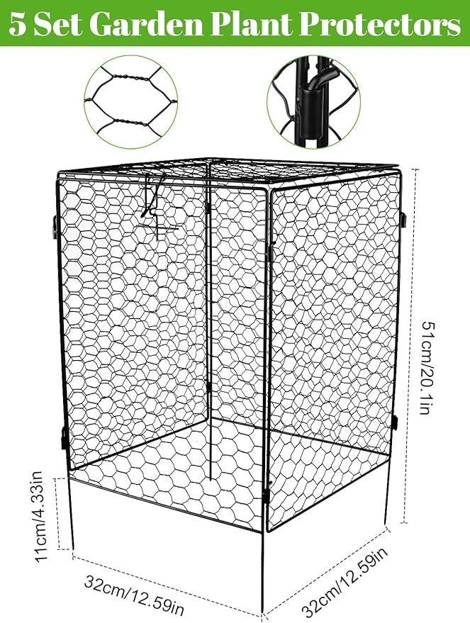 Kalolary 5 Packs Plant Protectors with Cover from Animals, 20''Large Square Wire Plant Cage Metal Garden Plant Protection Chicken Wire Cloche for Plant Flowers Vegetable (20'' x12.6''x 12'')