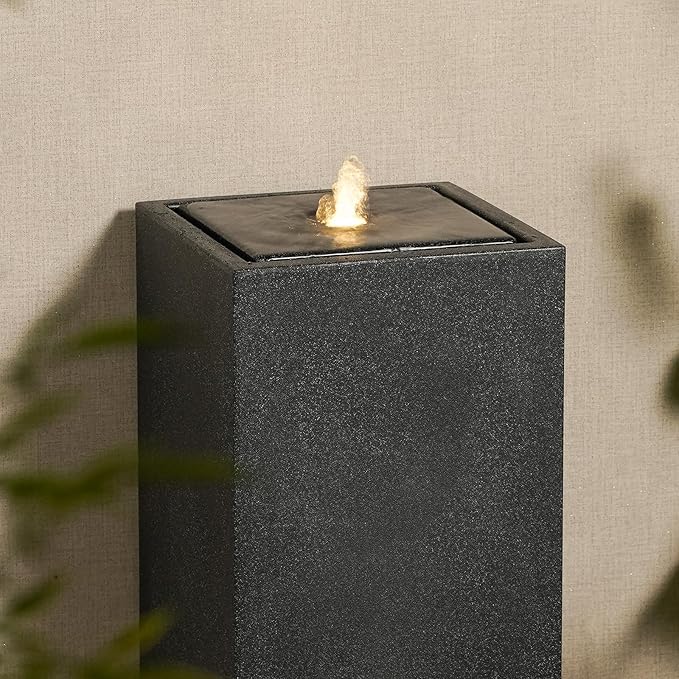 25.98” H Outdoor Water Fountain Made with Eco-Friendly Recyclable Materials, Polyethylene Square Bubbler Outdoor Fountain, Garden Decor with LED Light for Patio, Porch, Backyard (25.98”)