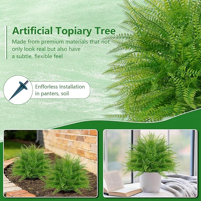 Grooy Artificial Fern Topiary Ball with Ground Spike, Set of 2 Faux Boston Fern Plants Shrub, Fake UV Resistant Evergreen Bushes for Porch Garden Indoor Outdoor Decor