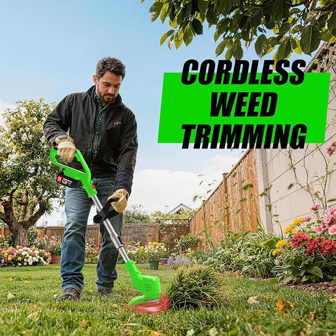 Cordless Electric Weed Wacker Eater 21V Battery Powered Stringless Weed Trimmer with 4 Types Blades & Wheels, 3-in-1 Grass Trimmer/Lawn Edger/Brush Cutter, Lightweight Garden Tool for Garden Yard