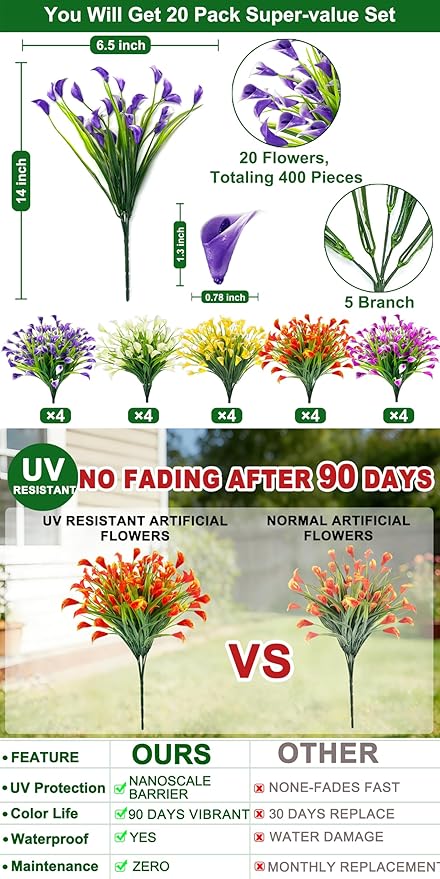 TURNMEON 20 Bundles Calla Lily (400 Heads) Artificial Flowers for Outdoors, Fake Plants UV Resistant Faux Plastic Fake Flowers for Indoor Planter Porch Gardens Home Summer Cemetery Decor(Color Mix)