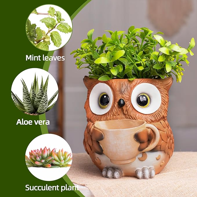 Saysmile Unique Owl Plant Pots Indoor, Cute Small Succulent Pots with Drainage Hole, Watering Owl Planters for Indoor Outdoor Plants, Resin Flower Pot for String of Pearls, Gift Ideas for Mother