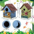 DoubleFill 2 Pcs Birdhouses for Outdoor Hanging Yard Outside Wooden Birdhouse Hand Painted Bird Box for Bird Lovers Bluebird Tree Garden Decor Decorative Birdhouse(Red,Blue,Wooden Roof)