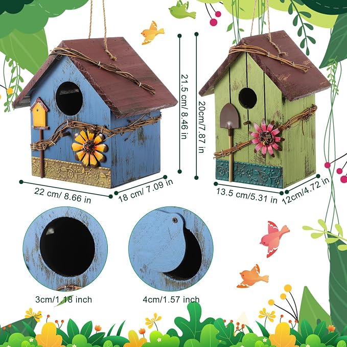 DoubleFill 2 Pcs Birdhouses for Outdoor Hanging Yard Outside Wooden Birdhouse Hand Painted Bird Box for Bird Lovers Bluebird Tree Garden Decor Decorative Birdhouse(Red,Blue,Wooden Roof)