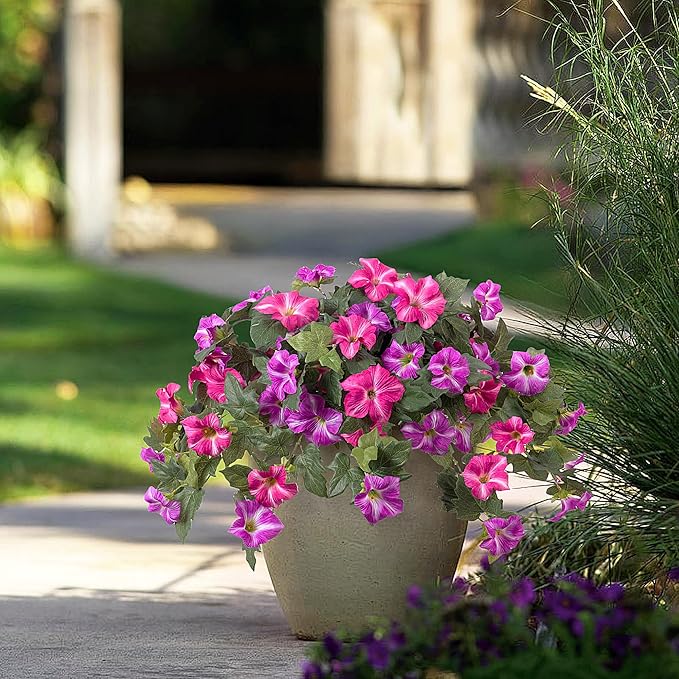 Artificial Hanging Fake Flowers with Basket Plants for Outdoor Decoration, Faux Silk Flower UV Resistant Morning Glory for Home Porch Patio Garden Balcony Yard Look Real (Fuchsia Lotus)