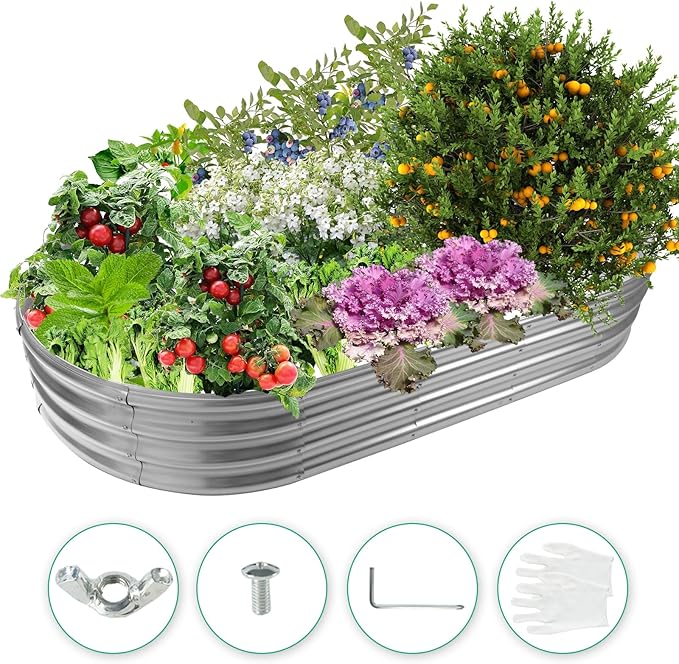 YSEJOMP 6X3X1 FT Oval Galvanized Metal Garden Raised Bed/Plant Box for Planting,36 Inches Diameter Iron Fire Pit Ring,Small Animal Fence-3 in 1 Modular Design in Black (Silver, 72X36X11.5 Inches)