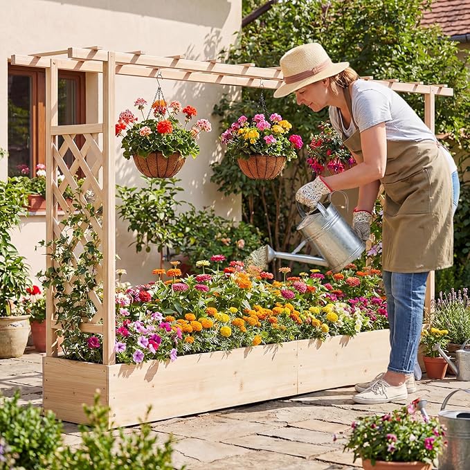 BECOMFORT Raised Garden Bed with Trellis & Hanging Roof, 45" Tall Fir Wood Planter Box with Drainage Holes, Outdoor Elevated Garden Planter for Climbing Vines, Perfect for Patio, Lawn & Backyard