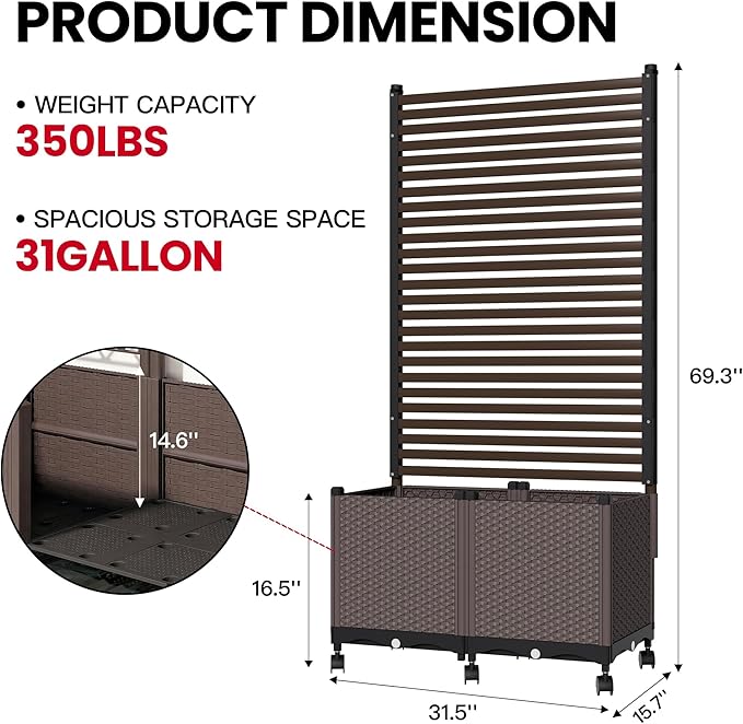 Planter Box with Privacy Screen, 6ft Plastic Raised Garden Bed with Lattice Trellis & Lockable Wheels, Privacy Planters for Patio, Planter Box for Climbing Plants, Flower