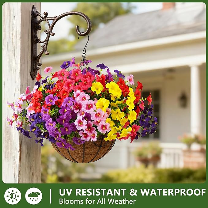 INQCMY Artificial Fake Petunias Flowers for Outdoors Spring Summer Decoration, 12 Bundles Faux Plants Outdoor UV Resistant Realistic Silk Flower for Outside Planters Patio Porch Yard Window Box