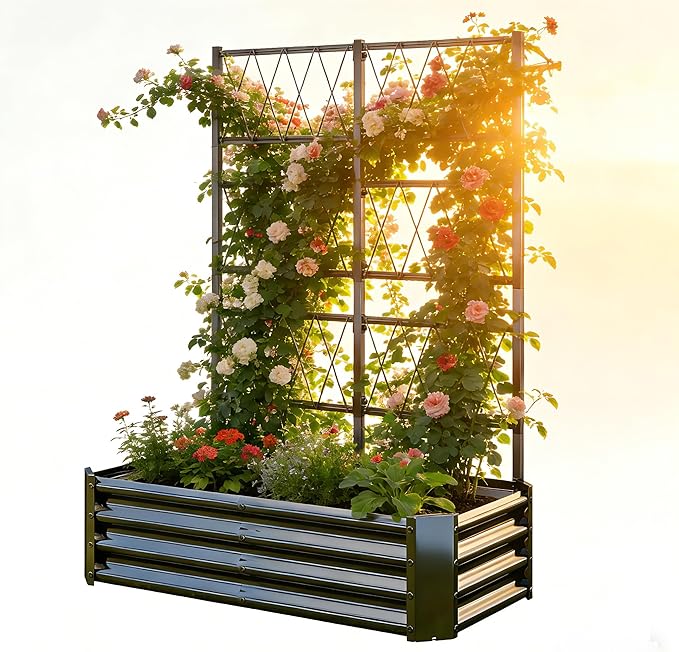 Galvanized Raised Garden Bed with Trellis for Climbing Plants Outdoor,Metal Vertical Garden Planter Box for Patio,Heavy Duty Elevated Garden Bed for Vegetables Tomatoes Cucumbers Flowers Herbs,Black