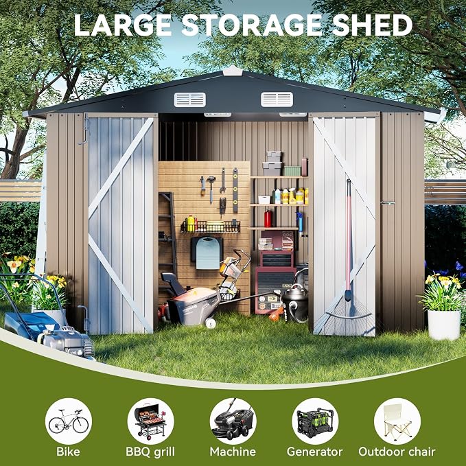 COMHOMA Shed Outdoor Storage Shed Metal,Lockable Doors Tool Sheds with Sloping Roof,Steel Garden Shed with Air Vent for Backyard,Patio,Lawn,Poolside (Brown, 10'x10')