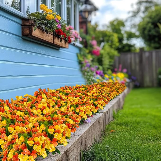 CITYES 4 Pcs Artificial Flowers Outdoor Impatiens UV Resistant Fake Silk Fall Flowers Orange Yellow Faux Flowers Impatiens Bushes for Outdoor Planter Pot Hanging Basket Porch Autumn Fall Decor
