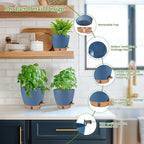 Self Watering Pots for Inoor Ourdoor Plants 8/7/6.5/6/5 Inch Plastic Planters with Drainage Holes & Water Level Indicator, Decorative House Flower Nursery Planting Pots with Saucers (Navy Blue)