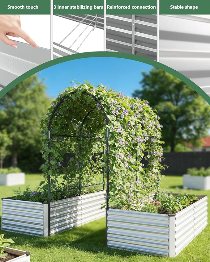 Raised Garden Bed with Arch Trellis for Climbing Plants,Galvanized Raised Garden Bed, Planter Boxes Outdoor for Vegetables Flowers Herb,269 Gallon Capacity Silver