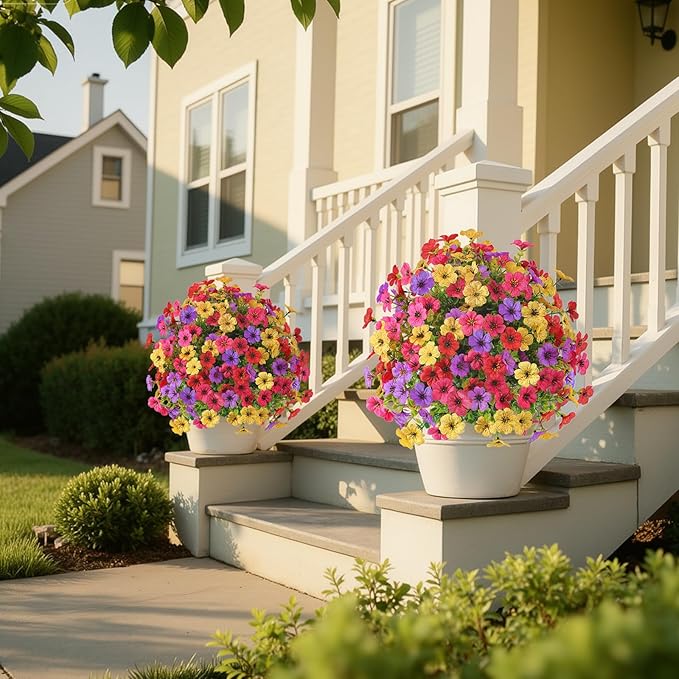 Alupssuc 4Pcs 20" Artificial Topiary Ball Flowers, Spring Outdoor Decoration with Spike, UV Resistant Faux Summer Plants, Fake Bushes Plants, Red Rose, Purple & Yellow for Garden, Porch & Patio Decor