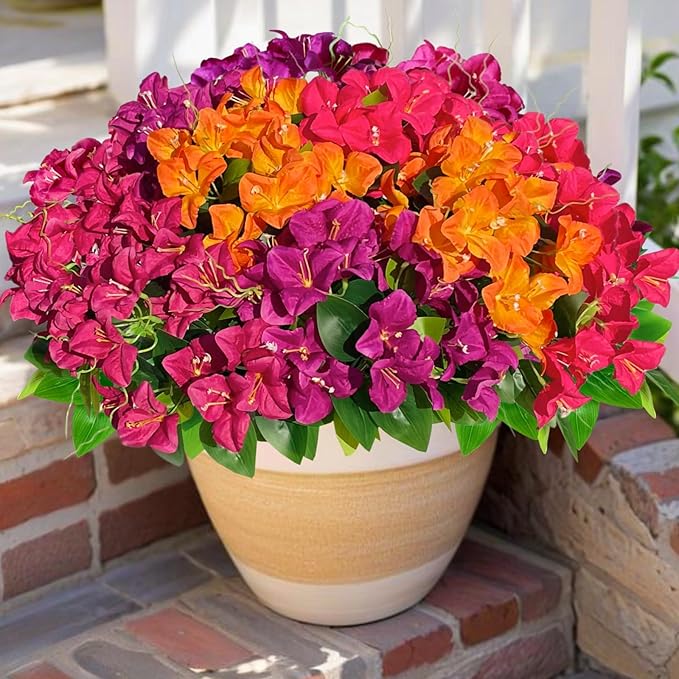 Spring Artificial Bougainvillea Flowers Fake Plants for Outdoors Porch Planters, UV Resistant Faux Realistic Silk Colorful Greenery for Summer Outside Patio Decoration, 8 Bundles
