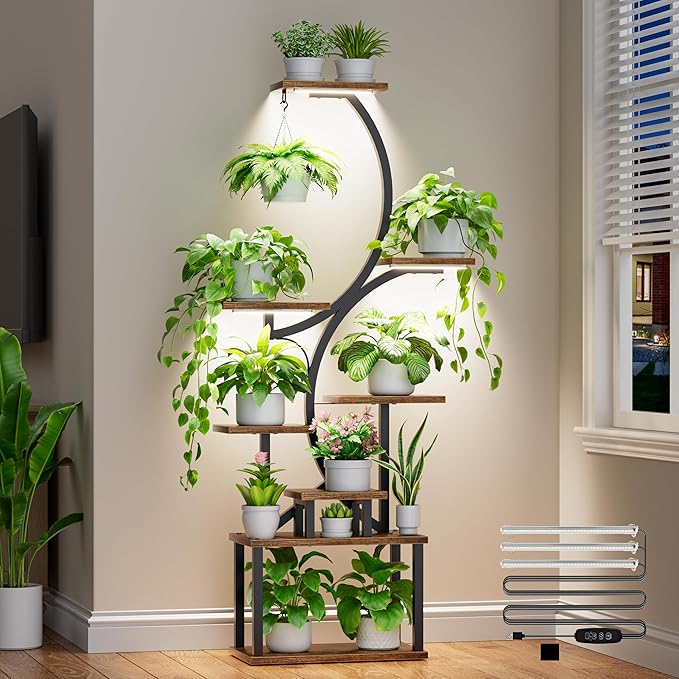 Plant Stand Indoor with Grow Lights - 62" Tall Plant Shelf, Lighted Corner Plant Stands for Indoor Growing, 8 Tiered Large Flower Holder, S-Shaped Decorative Rack for Living Room, Patent Design, Brown