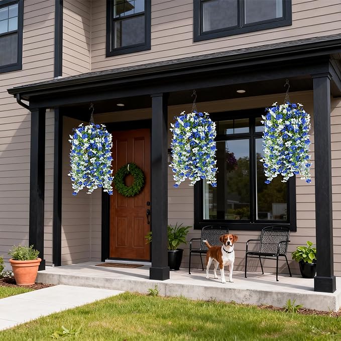 Artificial Fake Flowers Plants for Outdoor Spring Summer Decoration,2 PCS Faux Silk Morning Glory with Eucalyptus Leaves,UV Resistant Realistic Outdoor Flowers for Balcony Porch Patio Yard Garden