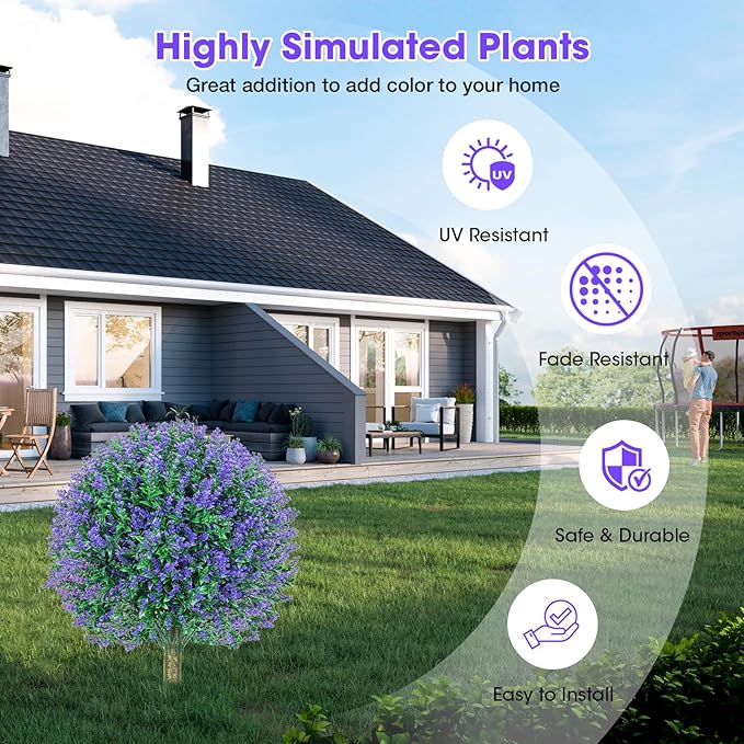 25.6" Artificial Lavender Topiary Ball Plants, 2 Pack Faux Bushes with Spike – UV Resistant & Fade Resistant Artificial Shrubs, Spring Artificial Plants for Indoor Outdoor Front Porch Garden