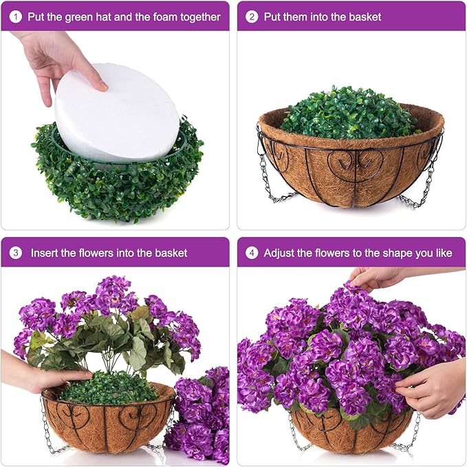 INSPRING Geraniums Artificial Flowers Hanging Basket for Outdoors Outside Spring Decoration, 8 Bundles Silk Flowers Fake Plants Look Real UV Resistant for Porch Home Patio Balcony Yard, Purple