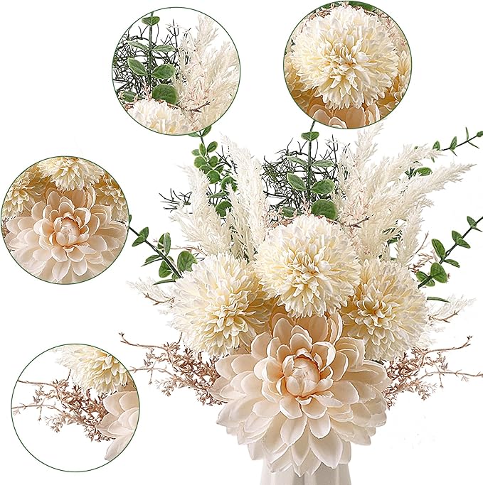 CEWOR Fake Flowers in Ceramic Vase, Artificial Flowers with Ceramic Vase Faux Silk Floral Arrangement Table Centerpieces Decor for Home Office Dining Farmhouse Coffee Table Living Room