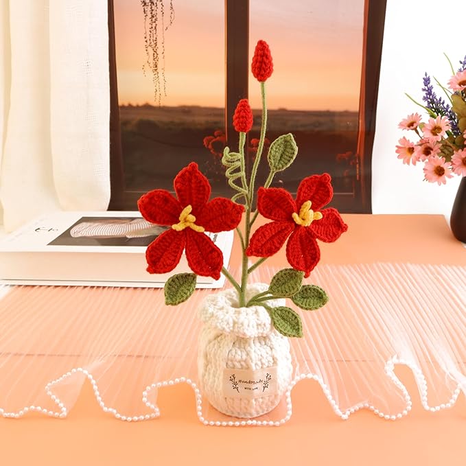Hand-Woven Crochet Flowers, Simulation of Lotus Potted Plants, Used for Living Room Decoration, Garden, Balcony, Coffee Table Decoration for Family and Friends Lover Anniversary (Red)