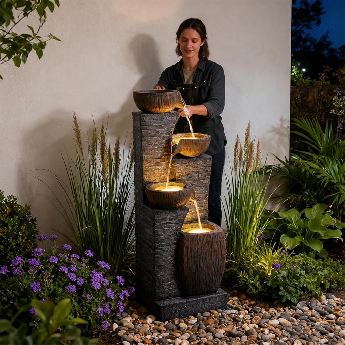 38.2" Tall Water Fountain Outdoor Garden,4 Tiers Modern Cascading Bowls and Stacked Stones Indoor Fountains with LED Lights for Garden, Patio, Deck, Porch, Backyard and Home Art Decor(Grey)