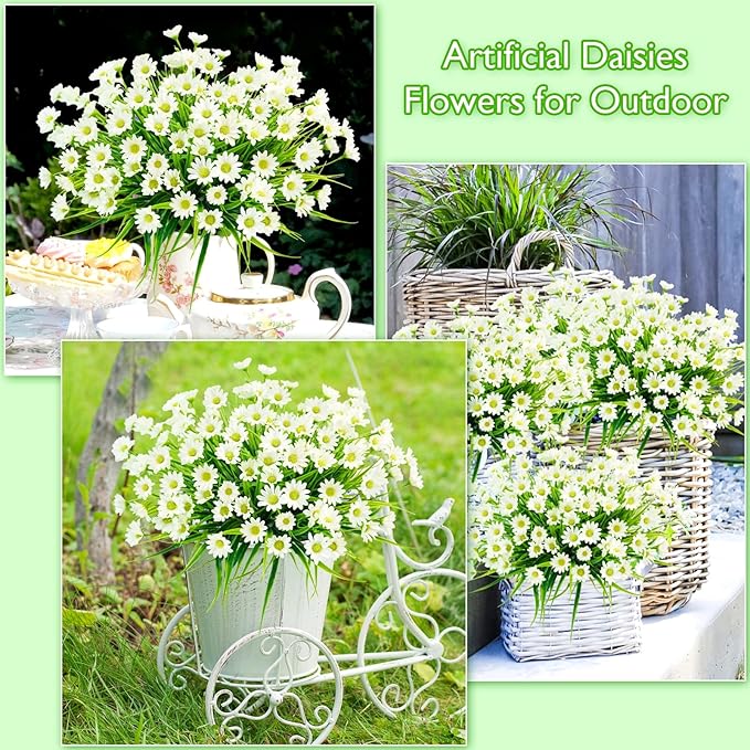 obbsie 12 Bundles Artificial Daisies Flowers Outdoor UV Resistant Fake Silk Daisy Mums Flowers No Fade Faux Greenery Plants for Home Wedding Garden Window Box Outdoor Planters Spring Decor - White