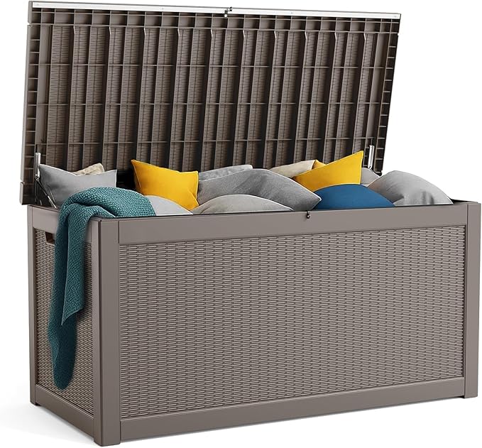 PatioZen 320 Gallon Resin Deck Box, Lockable Patio Outdoor Storage Box for Furniture, Garden Tools and Tools Storage, Waterproof Outside Storage Boxes - Grey