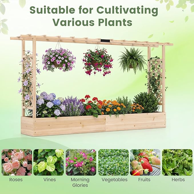 BECOMFORT Raised Garden Bed with Trellis & Hanging Roof, 45" Tall Fir Wood Planter Box with Drainage Holes, Outdoor Elevated Garden Planter for Climbing Vines, Perfect for Patio, Lawn & Backyard
