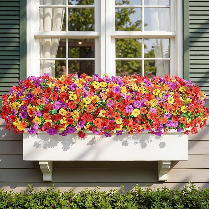 Alupssuc 24 Bundles Artificial Flowers for Outdoors Decoration, UV Resistant Silk Faux Floral Spring Summer Fake Plastic Plants Greenery for Outside Indoor Home Porch Window Box Decor, Mix 4 Colors