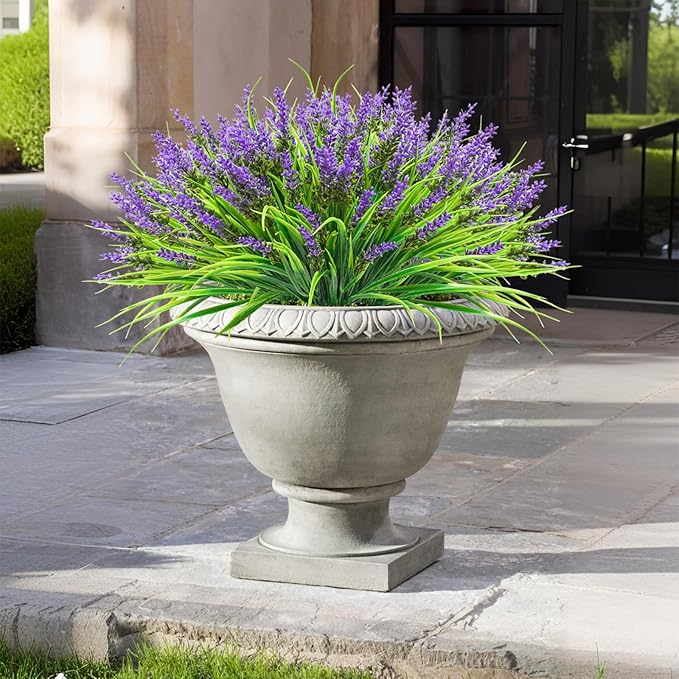 obbsie 12 Bundles Artificial Plants Outdoor, 18.2" UV Resistant Faux Monkey Grass Greenery Stems No Fade Faux Plastic Flowers Shrubs for Home Weddings Garden Porch Front Patio Office Decor - Purple