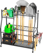 Garden Tool Organizer with Wheels for Garage, Freestanding Garage Tool Organizer, Yard Tool Holder, Garden Tool Cart for Long Handled Tools,Rakes, Brooms, Yard Storage Rack for Shed, Indoor, Outdoor