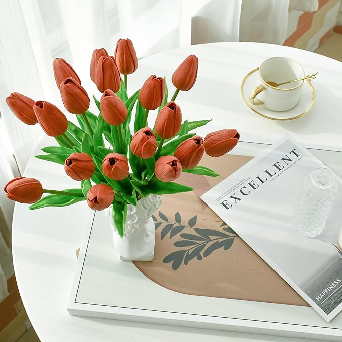 Mandy's Terracotta Artificial Tulips Flowers Centerpiece, 13.5" Lifelike PU Fake Floral Stems 20pcs for Kitchen Island & Dining Table, Spring Decor for Easter