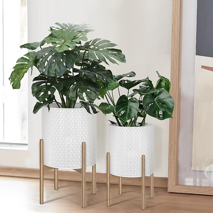 Oakrain Mid Century Planters for Indoor Plants, Set of 2, Modern Decorative Metal Planters for Living Room, Office, Garden or Balcony, White Planters with Stands, 10" & 12", Off-White