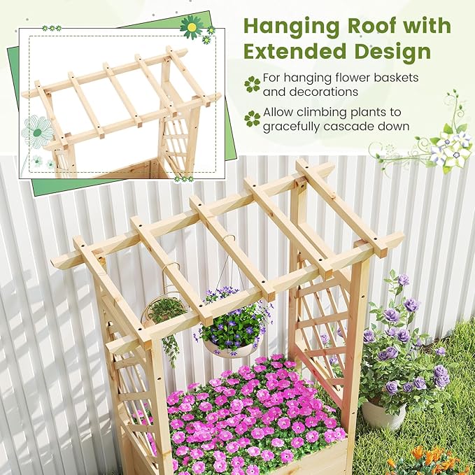 Giantex Set of 2 Raised Garden Bed with Sided Trellis & Hanging Roof, Wood Planter Box, Freestanding Garden Planter Raised Bed for Flowers Herbs Climbing Vines 31”x16”x41” (L x W x H)