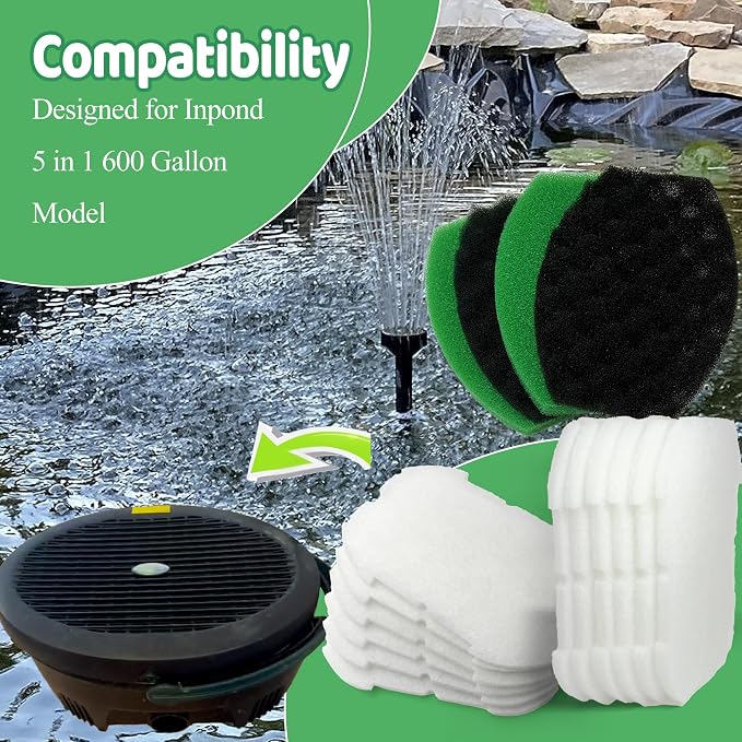 PurifyLogix 18 PCS Pond Filter Kits for Pennington Inpond 5 in 1 600 Gallon Model Water Pump, Includes 4 Foam Filter, 12 Polymer Woolfilter Mats, 2 Ceramic Media Rings Compatible with Aquagarden 600