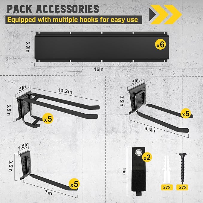 96" Garage Tool Organizer Wall Mount, 1250lbs Heavy Duty Garden Tool Storage Rack with 15 Adjustable Hooks for Yard, Shed, Garage (6 Racks, 15 Hooks, 2 Straps, Steel)