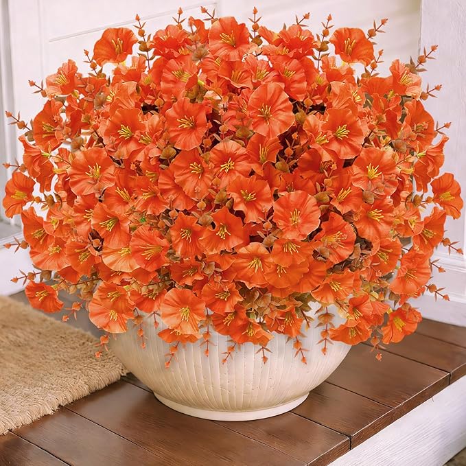 12 Bundles Artificial Fall Flowers for Outdoors, UV Resistant No Fade Fake Mums Flowers Silk Morning Glory with Orange Brown Eucalyptus Faux Flowers Plants for Home Garden Patio Porch Yard Porch Decor