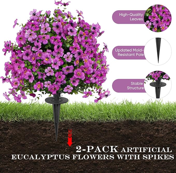 23" Set of 2 Artificial Boxwood Topiary Ball with Violet Flowers with Spikes for Outdoor , UV Resistant Faux Greenery Shrubs, Realistic Fake Bushes Plants for Garden, Yard, Front Porch, Patio Decor