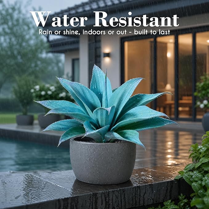 Ttranewsoo Artificial Agave Plants,Large UV Resistant Fake Agave Planters 12" for Indoor and Outdoor Decorating Tropical Plant Succulents Greenery Indoor Decor (Blue,2Pack)