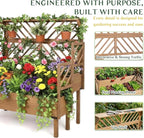 Raised Garden Bed Outdoor with Lattice Trellis, 47.2''H Wood Outdoor Flower Plant Stand with Two Planting Areas, Metal Reinforced, Liner, Elevated Garden Beds for Climbing Plants, Herb, Brown