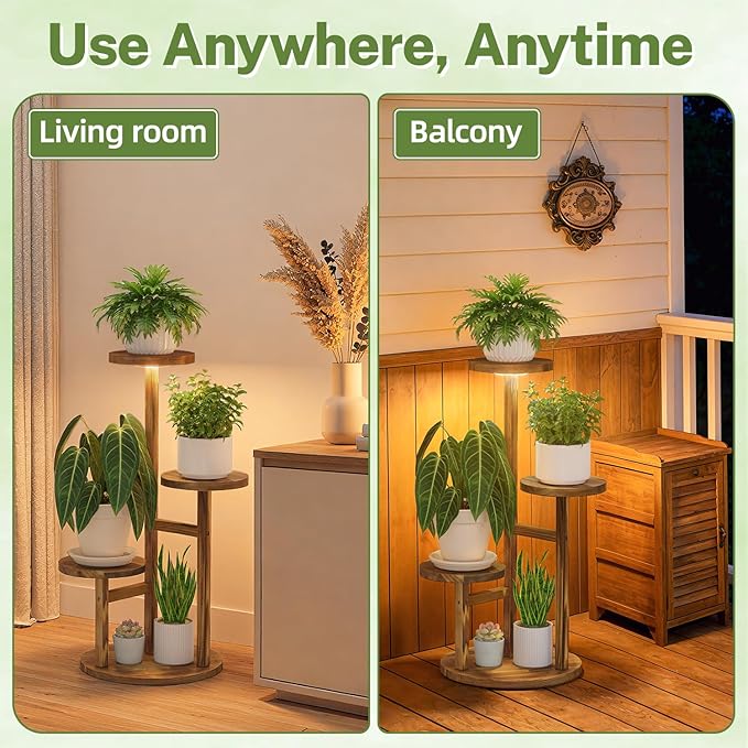 iDavosic.ly 3 Tier Plant Stand Indoor with Grow Light, Tiered Corner Wood Multiple Flower Holder Shelf, Tall Orchid Display Rack for Living Room Bedroom, Brown
