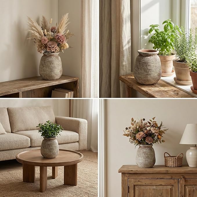 Rustic Terracotta Pot, 7 Inch Short Farmhouse Vase with Weathered Texture, Boho Home Decor for Pampas Grass, Tabletop, Mantel and Shelf Styling